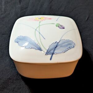 Vintage Floral White Porcelain 5" Square Trinket Box - Made in Japan
